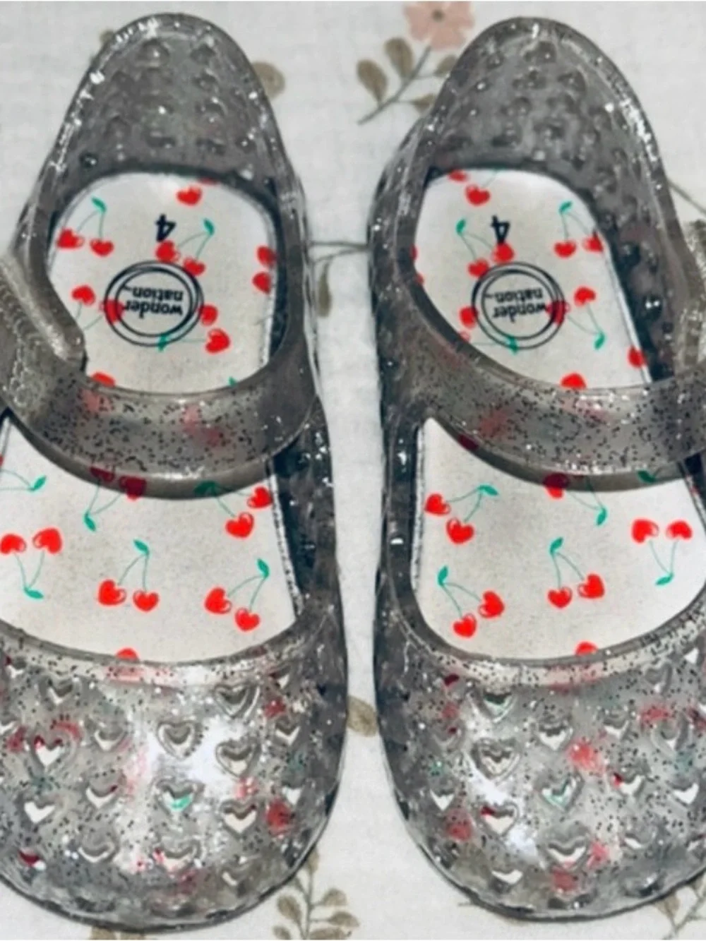 wonder nation Silver Glitter Jelly Mary Jane Sandals with Cherry Insole